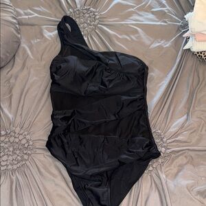 Elegant Black womens sexy One Shoulder Swimsuit with sheer detail